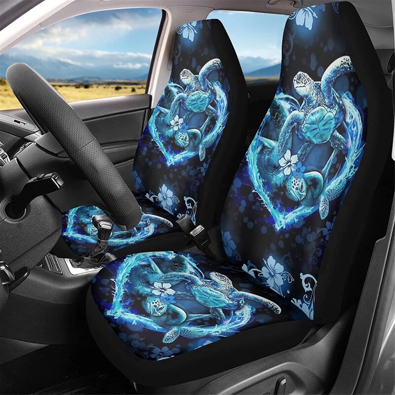 Set de 2 huse scaune auto universale de protecție pentru scaune față potrivite pentru mașină SUV sedan țestoasă de mare imprimeu flori interior auto albastru