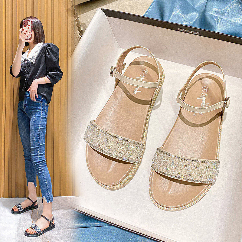  Γυναικεία φλατ 2023 Καλοκαίρι Νέα μόδα Παπούτσια Casual με χοντρή σόλα με πρεσαριστό διαμάντι Γυναικεία παπούτσια με μονό λουράκι μεγάλο μέγεθος 41