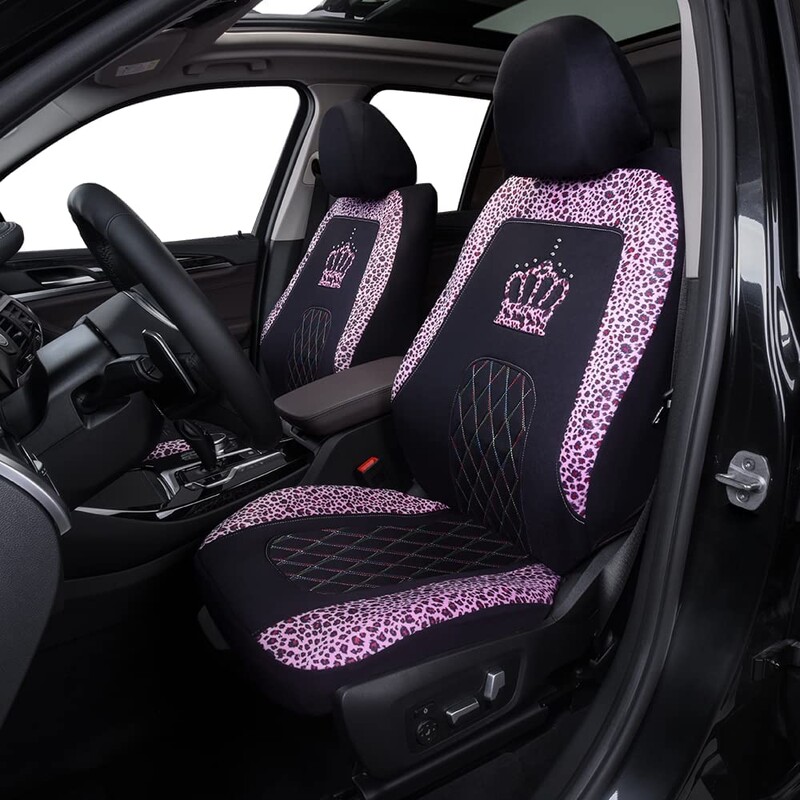 „Leopard Print“ automobilių sėdynių užvalkalai, „Queen Crown Print“ priekinis kibiro sėdynės užvalkalas, užpakalinės sėdynės 3 vietų užvalkalas, Moterims universalus, tinka 99% automobilių