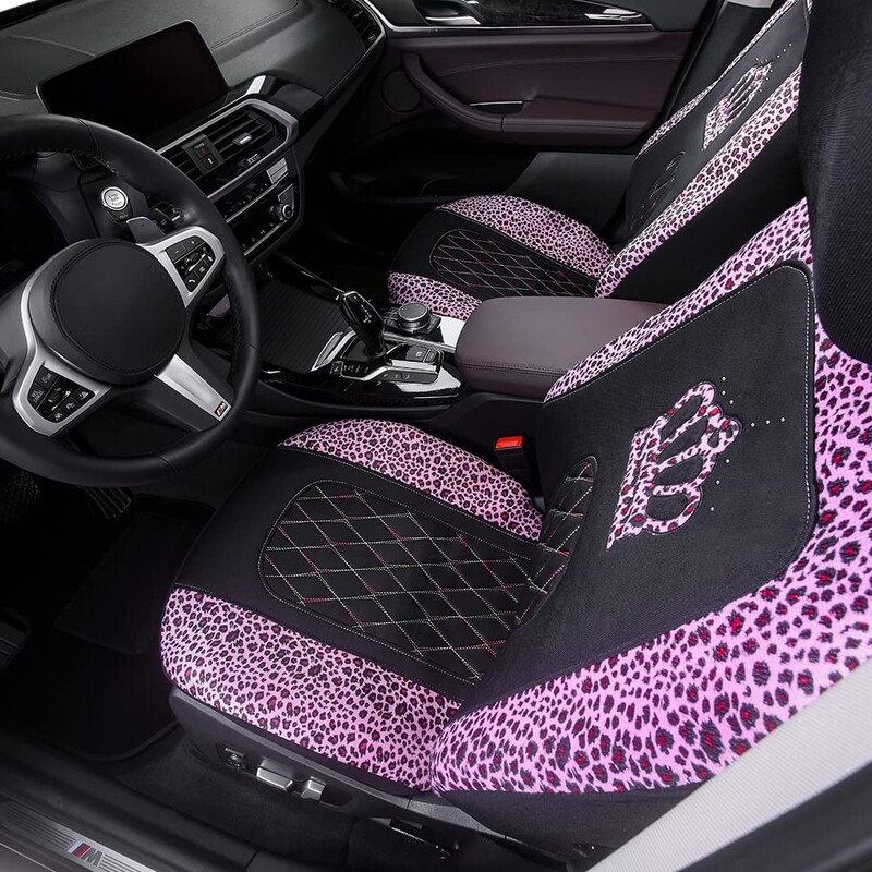 „Leopard Print“ automobilių sėdynių užvalkalai, „Queen Crown Print“ priekinis kibiro sėdynės užvalkalas, užpakalinės sėdynės 3 vietų užvalkalas, Moterims universalus, tinka 99% automobilių
