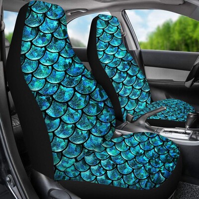 Huse pentru scaune auto sirenă, acuarelă, albastru deschis și verde, model la scară, tema oceanului, set de accesorii pentru mașină, scaune cu găleată cu potrivire universală