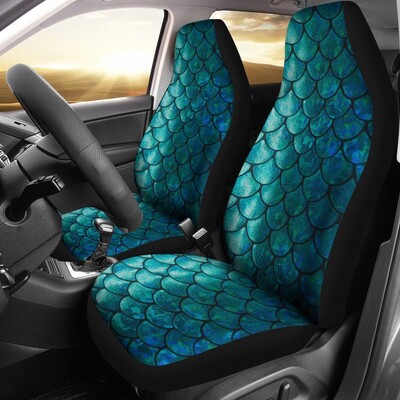 Huse pentru scaune auto sirenă, acuarelă, albastru deschis și verde, model la scară, tema oceanului, set de accesorii pentru mașină, scaune cu găleată cu potrivire universală
