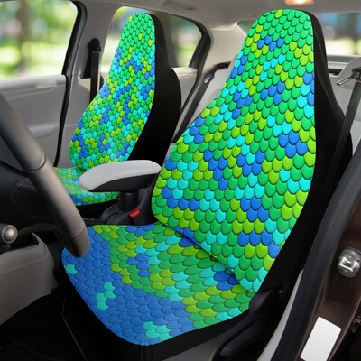 Huse pentru scaune auto sirenă, acuarelă, albastru deschis și verde, model la scară, tema oceanului, set de accesorii pentru mașină, scaune cu găleată cu potrivire universală