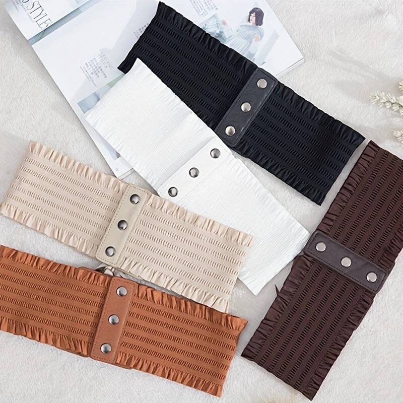 Κομψά βολάν φαρδιές ζώνες Κλασική μονόχρωμη ελαστική μέση Vintage παλτό φόρεμα Ζώνη κορσέ Waspie για γυναίκες