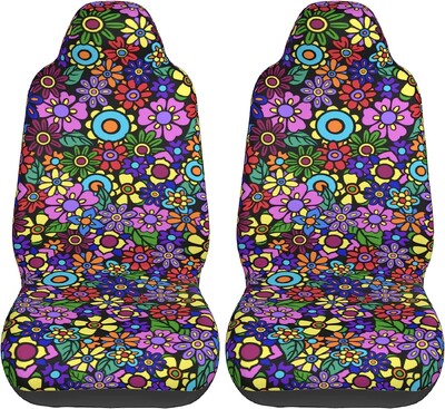 Retro 70-es évek virágos autóüléshuzatai Csak első ülések univerzálisan alkalmas teherautó furgonokhoz és SUV autókhoz, 2 részes üléshuzatok