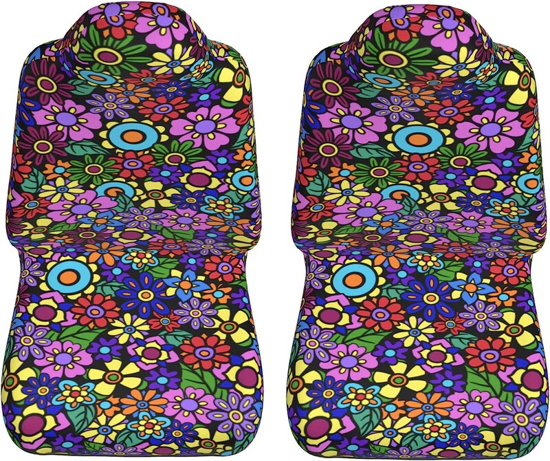 Retro 70-es évek virágos autóüléshuzatai Csak első ülések univerzálisan alkalmas teherautó furgonokhoz és SUV autókhoz, 2 részes üléshuzatok