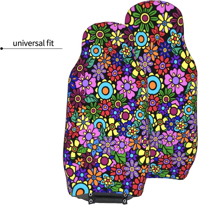 Retro 70-es évek virágos autóüléshuzatai Csak első ülések univerzálisan alkalmas teherautó furgonokhoz és SUV autókhoz, 2 részes üléshuzatok