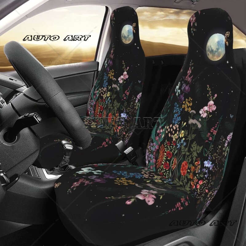 Poťahy na autosedačky Autá Galaxy Mesiac Hviezdy, Chránič sedadla vozidla Vintage kvetinový motýľ, poťahy na rohože do auta, čierne hviezdne