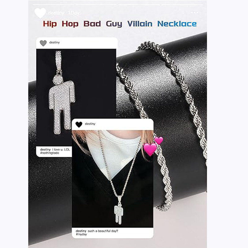 Hip-hop nyaklánc, rozsdamentes acél kerek fejű cirkon páros medál nyaklánc, ferde fejű medál, tele cirkon Chaoren nyaklánc