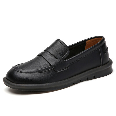 Női bőrcipők Női brit stílusú új, vastag talpú egyetemi stílusú, alkalmi naplopók Valódi bőr divatos női cipők