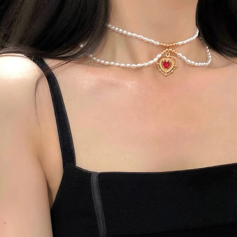 Kpop Vintage Love Heart Pendant Choker kaklarota sievietēm cirkona pērļu ķēdes ballīte Estētiskās rotaslietas Ziemassvētku dāvanu karstā izpārdošana