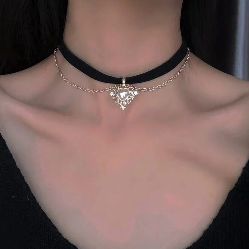 Kpop Vintage Love Heart Pendant Choker kaklarota sievietēm cirkona pērļu ķēdes ballīte Estētiskās rotaslietas Ziemassvētku dāvanu karstā izpārdošana