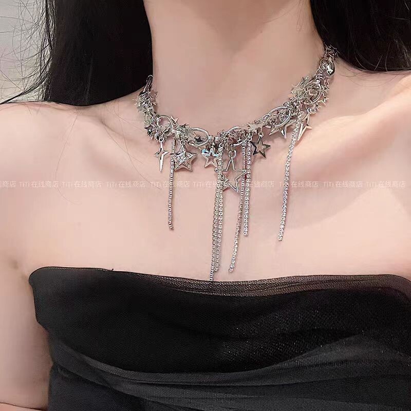 Hviezdičkový flitrovaný dutý náhrdelník pre ženy, módny intarzovaný kamienkový strapcový náhrdelník, štýl Y2k, doplnky, darček