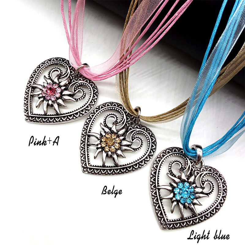 Jauna vintage sirds ēdelveisa ziedu kaklarota organzas lentes virves ķēdes kulons sievietēm Dirndl Oktoberfest juvelierizstrādājumu vairumtirdzniecība