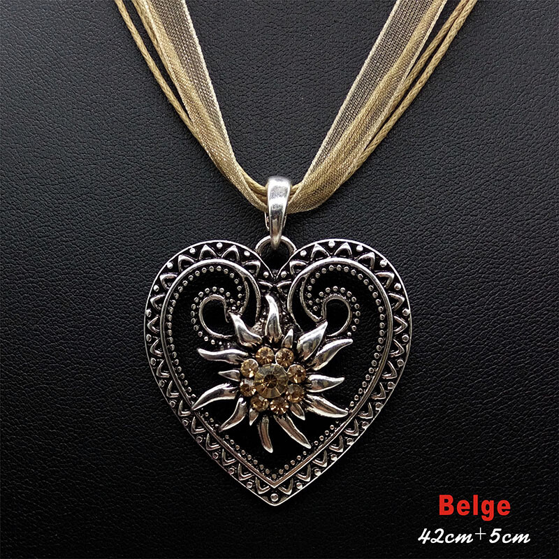 Jauna vintage sirds ēdelveisa ziedu kaklarota organzas lentes virves ķēdes kulons sievietēm Dirndl Oktoberfest juvelierizstrādājumu vairumtirdzniecība