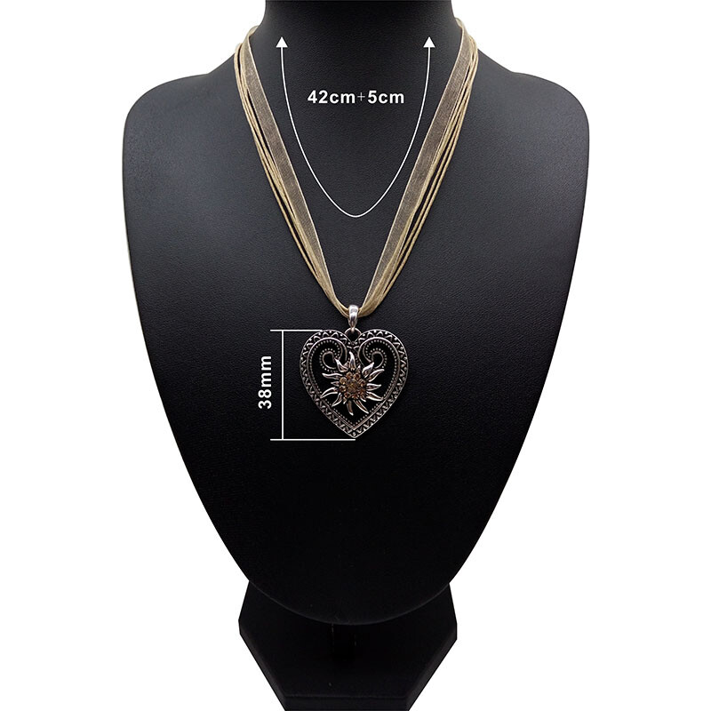 Jauna vintage sirds ēdelveisa ziedu kaklarota organzas lentes virves ķēdes kulons sievietēm Dirndl Oktoberfest juvelierizstrādājumu vairumtirdzniecība