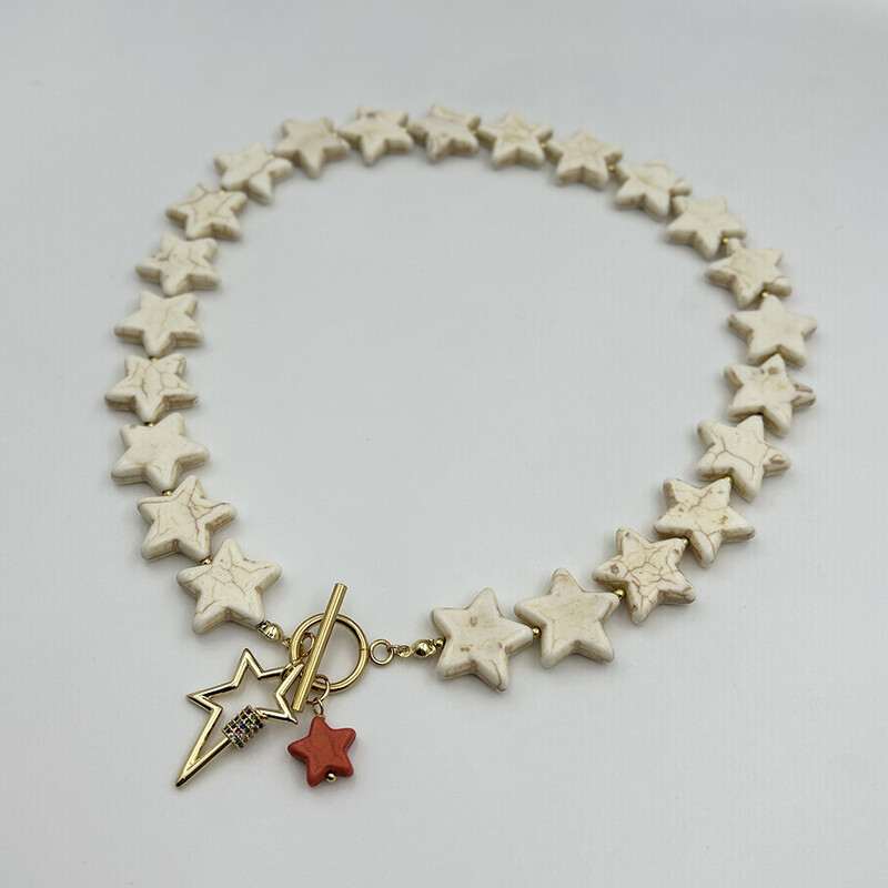 Módny klasický pentagram biely howlitový korálkový náhrdelník s prírodným kameňom, muž a žena, tyrkysový hviezdny prívesok, obojok, sviatočné šperky