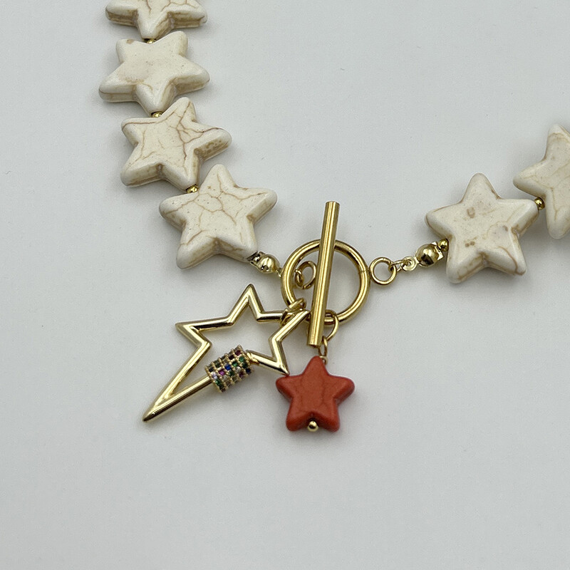 Módny klasický pentagram biely howlitový korálkový náhrdelník s prírodným kameňom, muž a žena, tyrkysový hviezdny prívesok, obojok, sviatočné šperky