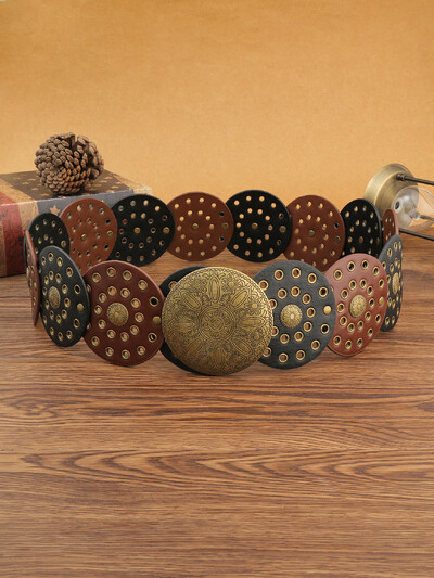 Vintage western farmer öv divatos kézzel készített bőr deréklánc női g nagy szegecslyukú PU bőr öv nyugati fűzőlyukkal kerek