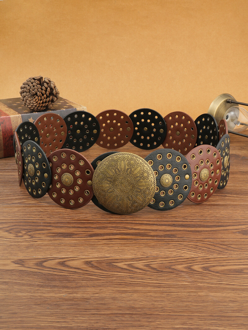 Vintage western farmer öv divatos kézzel készített bőr deréklánc női g nagy szegecslyukú PU bőr öv nyugati fűzőlyukkal kerek