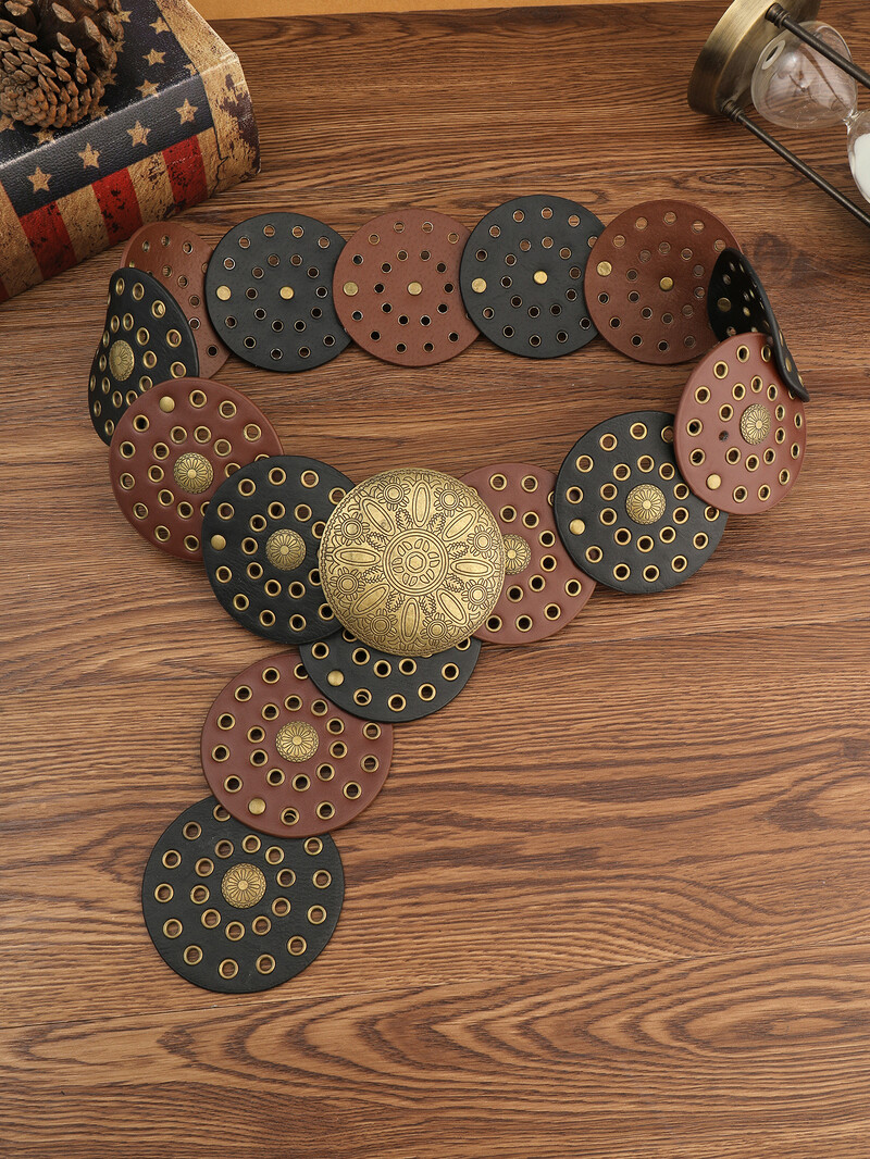 Vintage western farmer öv divatos kézzel készített bőr deréklánc női g nagy szegecslyukú PU bőr öv nyugati fűzőlyukkal kerek