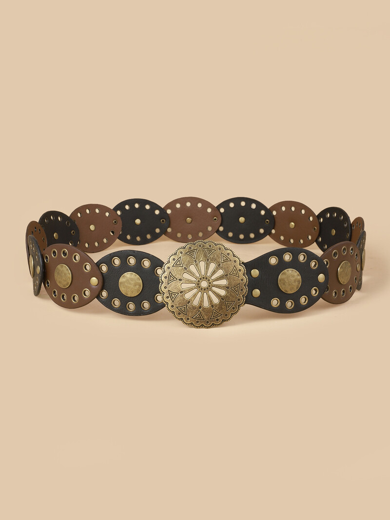 Vintage western farmer öv divatos kézzel készített bőr deréklánc női g nagy szegecslyukú PU bőr öv nyugati fűzőlyukkal kerek