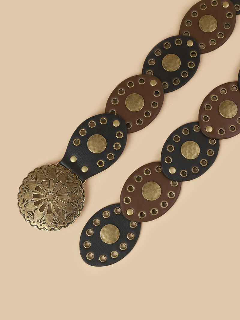 Vintage western farmer öv divatos kézzel készített bőr deréklánc női g nagy szegecslyukú PU bőr öv nyugati fűzőlyukkal kerek