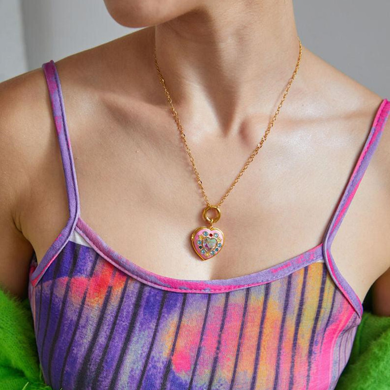 Pink Drip Glaze Okvir za fotografije u obliku srca Ogrlica s privjeskom Šarm Ogrlice s šarenim kristalima Ogrlice koje se mogu otvoriti Žene Muškarci Memorijalni nakit