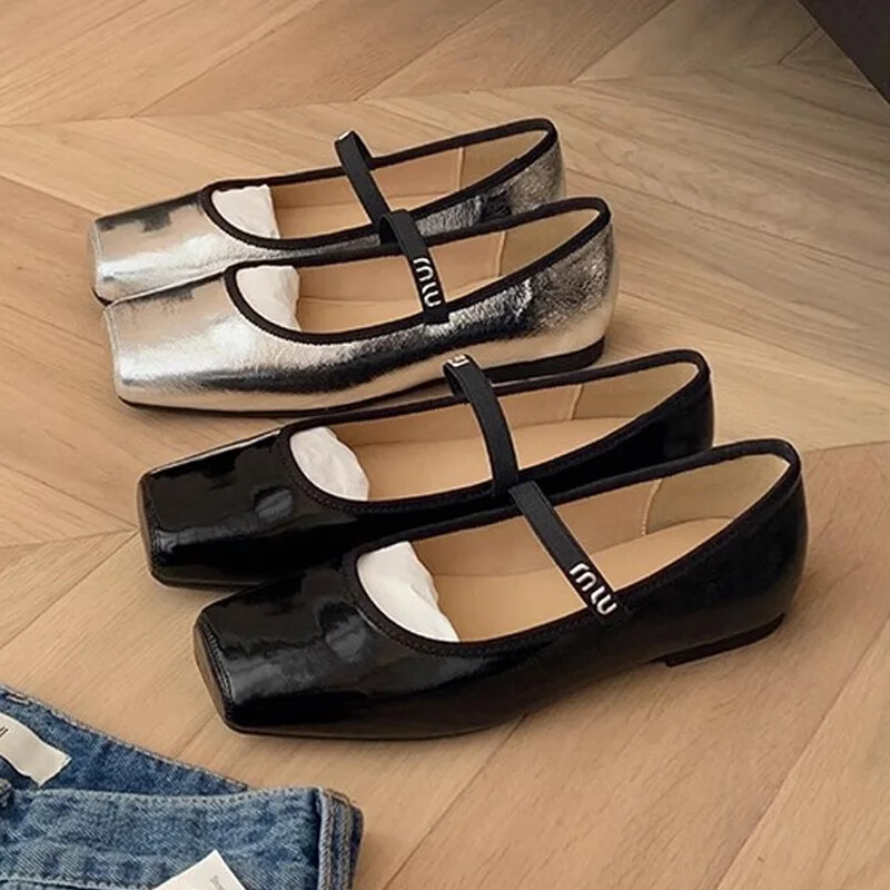 Balerini pentru femei, din piele moale, pantofi casual, pantofi cu vârf pătrat, pantofi subțiri de birou pentru femei, pantofi Mary Jane pentru femei