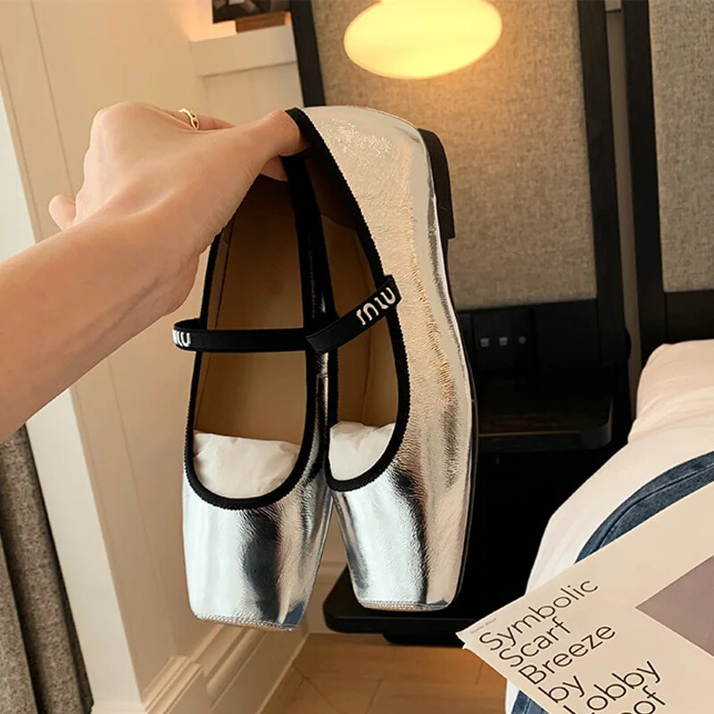 Balerini pentru femei, din piele moale, pantofi casual, pantofi cu vârf pătrat, pantofi subțiri de birou pentru femei, pantofi Mary Jane pentru femei
