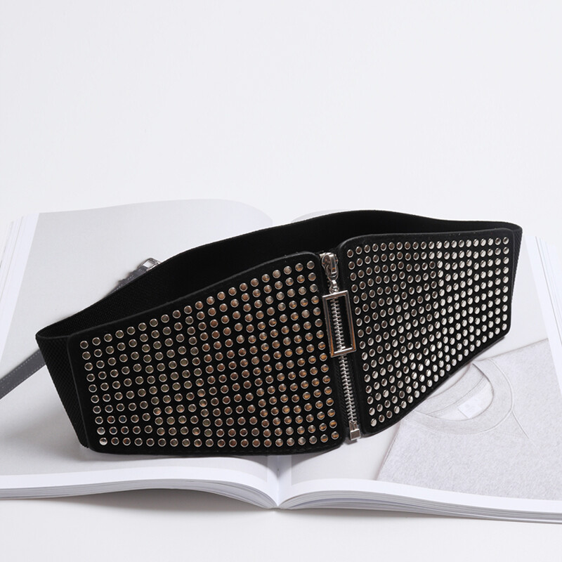 „Punk Rivet Inlay“ platus elastinis korseto diržas moteriškas juosmens „Goth“ plius dydžio elastingas „Cummerbunds“ didelis dizaino diržas moterims su juosmeniu