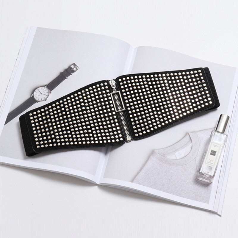 „Punk Rivet Inlay“ platus elastinis korseto diržas moteriškas juosmens „Goth“ plius dydžio elastingas „Cummerbunds“ didelis dizaino diržas moterims su juosmeniu