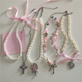 Kpop Goth Y2K drăguț panglică roz cu fundiță pandantiv inimă perle margele choker colier farmec EMO anii 2000 accesorii de bijuterii Lolita