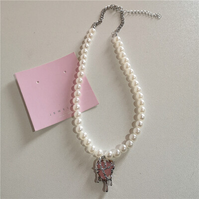 Kpop Goth Y2K drăguț panglică roz cu fundiță pandantiv inimă perle margele choker colier farmec EMO anii 2000 accesorii de bijuterii Lolita