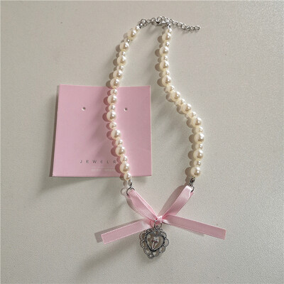 Kpop Goth Y2K drăguț panglică roz cu fundiță pandantiv inimă perle margele choker colier farmec EMO anii 2000 accesorii de bijuterii Lolita