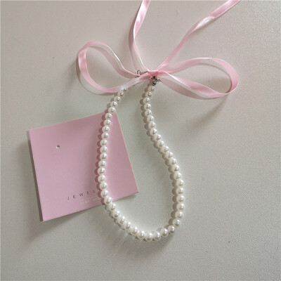 Kpop Goth Y2K drăguț panglică roz cu fundiță pandantiv inimă perle margele choker colier farmec EMO anii 2000 accesorii de bijuterii Lolita