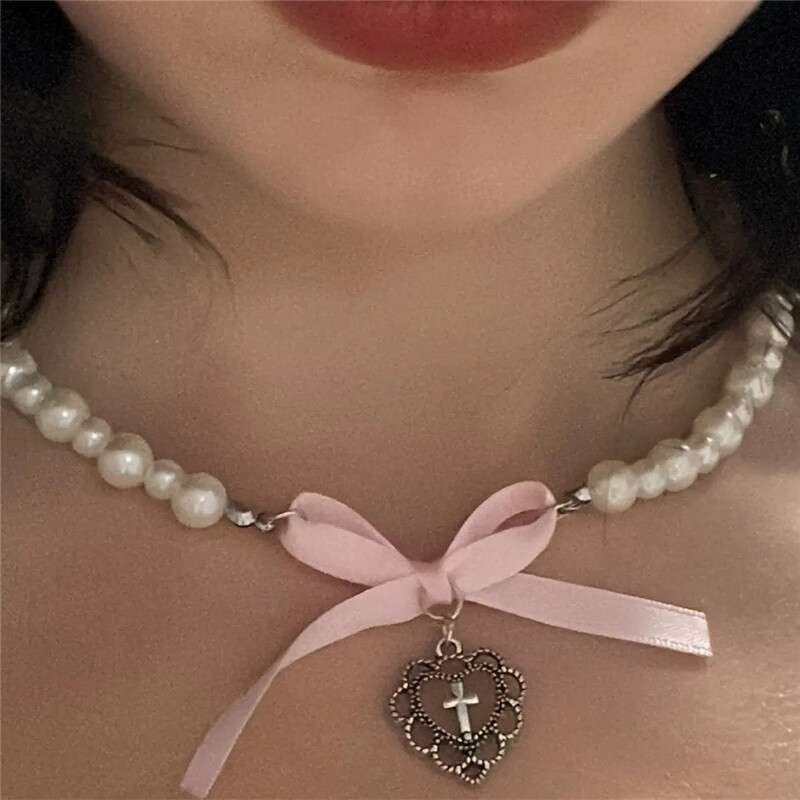 Kpop Goth Y2K drăguț panglică roz cu fundiță pandantiv inimă perle margele choker colier farmec EMO anii 2000 accesorii de bijuterii Lolita