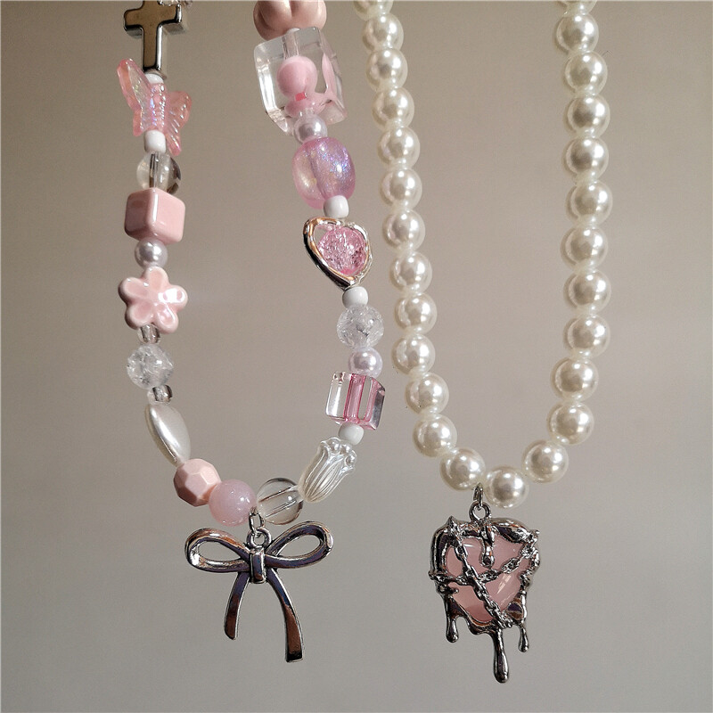 Kpop Goth Y2K drăguț panglică roz cu fundiță pandantiv inimă perle margele choker colier farmec EMO anii 2000 accesorii de bijuterii Lolita