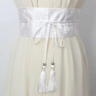 Női széles fűző derék öv csokornyakkendő őszibarack virág körüli selyem hímzés nagy méretű ruhához