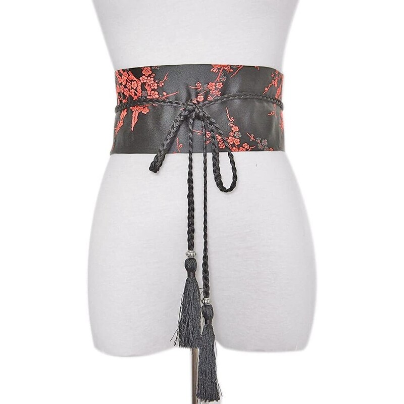 Női széles fűző derék öv csokornyakkendő őszibarack virág körüli selyem hímzés nagy méretű ruhához