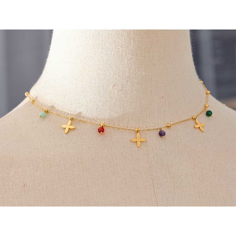 Yhpup, colorat, rezistent la apă, piatră naturală, picătură de flori, lanț din oțel inoxidabil, colier estetic, bijuterii de guler la modă pentru femei