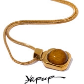 Yhpup Colier cu pandantiv pătrat din piatră de tigru naturală de înaltă calitate, rezistent la rugină, de culoare aurie, guler de modă, cadou versatil de bijuterii