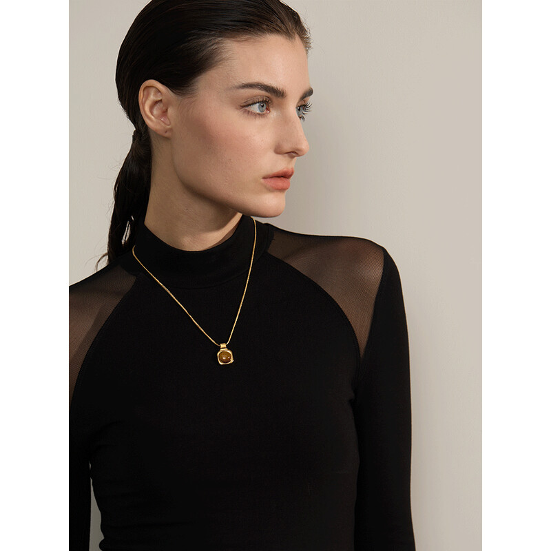 Yhpup Colier cu pandantiv pătrat din piatră de tigru naturală de înaltă calitate, rezistent la rugină, de culoare aurie, guler de modă, cadou versatil de bijuterii