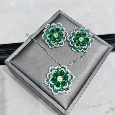 Fashion Cubic Zirconia Green Flower Κολιέ και Σετ σκουλαρίκι για Γυναικεία κοσμήματα γάμου