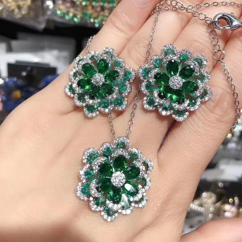 Fashion Cubic Zirconia Green Flower Κολιέ και Σετ σκουλαρίκι για Γυναικεία κοσμήματα γάμου