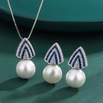 Ρετρό 12 χιλιοστά μαύρο λευκό χρυσό μαργαριτάρι κρεμαστό κολιέ σκουλαρίκια για γυναίκες Lab Σετ κοσμημάτων επετείου γάμου με διαμάντια