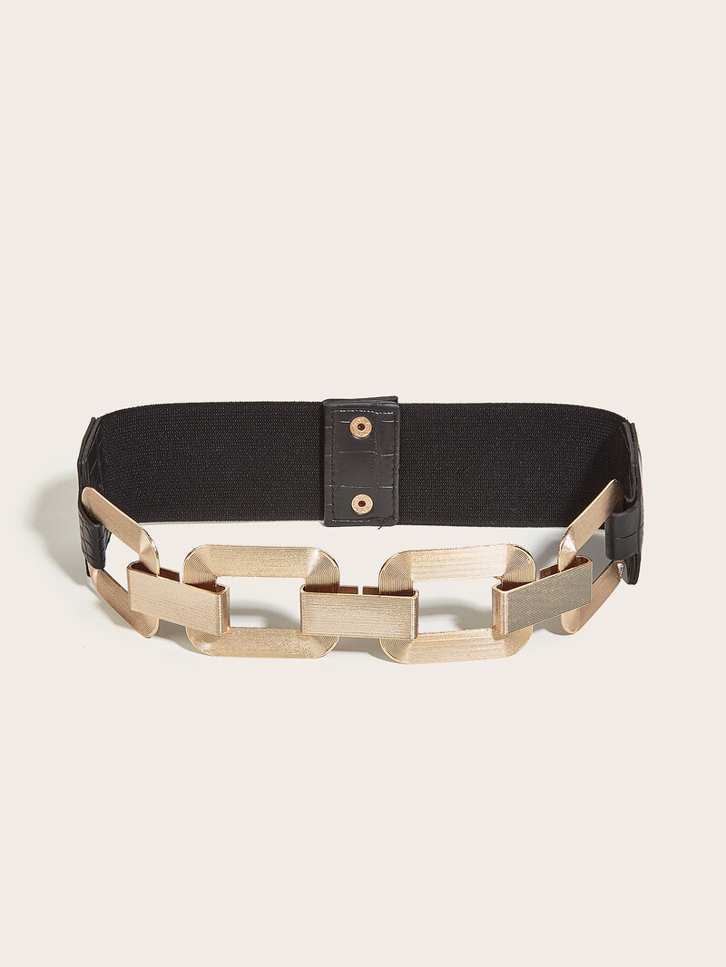 Női arany négyzet alakú fém elasztikus lánccsat öv, alkalmi vintage derékpánt, díszítő öv nőknek kabátban