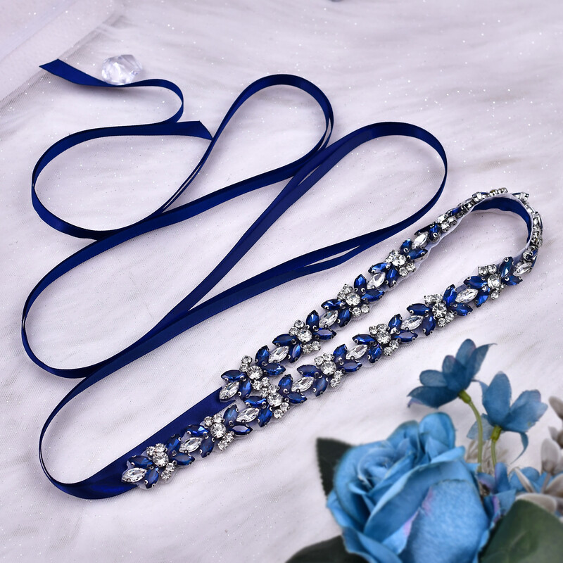 Elegáns strassz öv esküvői szárnyhoz Gyönyörű esküvői kiegészítők kézzel készített kristályból és gyöngyházból ezüst sötétkék S16