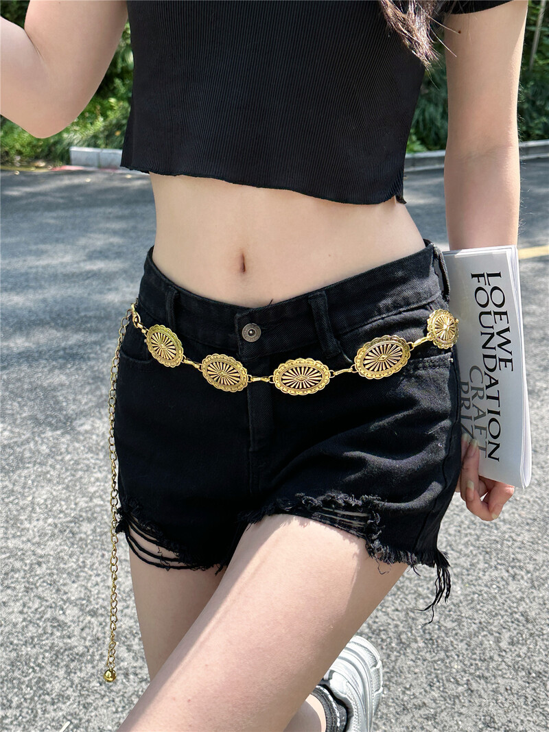 Boho stilski metalni remen s lancem Western Country Cowgirl pojasevi Podesivi metalni pojas s lančićem oko struka za žene