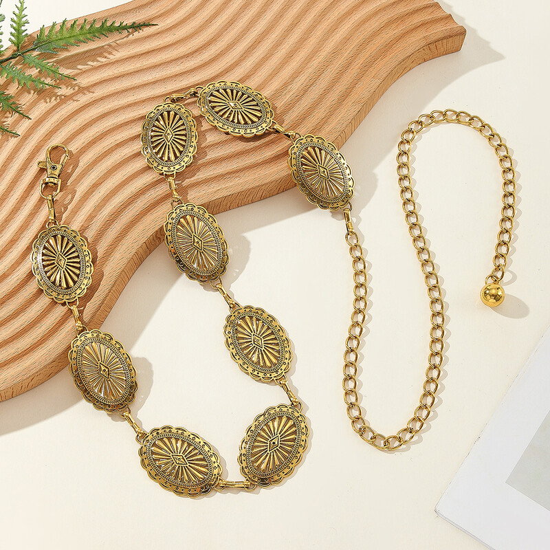 Boho stilski metalni remen s lancem Western Country Cowgirl pojasevi Podesivi metalni pojas s lančićem oko struka za žene